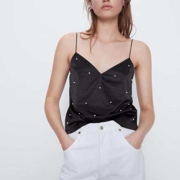Zara Tops - Zara - Elegant Black Pearl-Embellished Women's Top